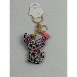 Sparkly Chihuahua Keychain With Pink Tassel & Gold Ring